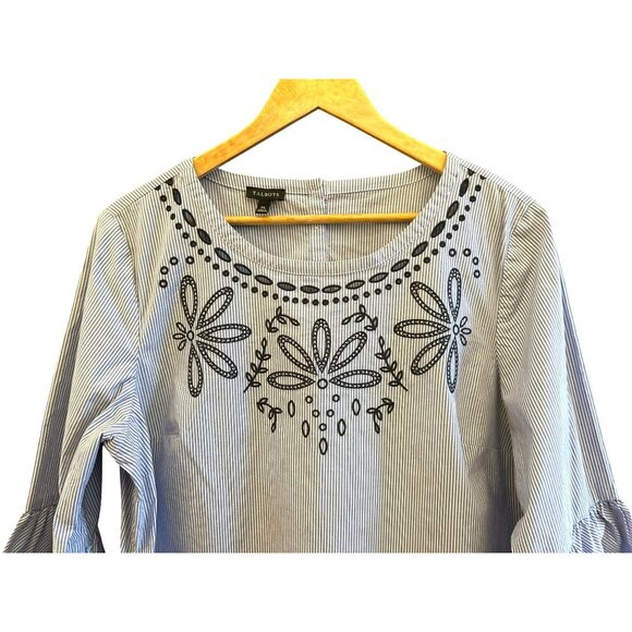 Talbots Blue Striped Embroidered Floral Bell Sleeve Top Size XL Preppy Relaxed - Picture 3 of 7